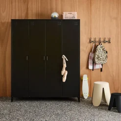 Industrial metal wardrobe for bedroom, 4 doors, 10 shelves, 1 hanging rail