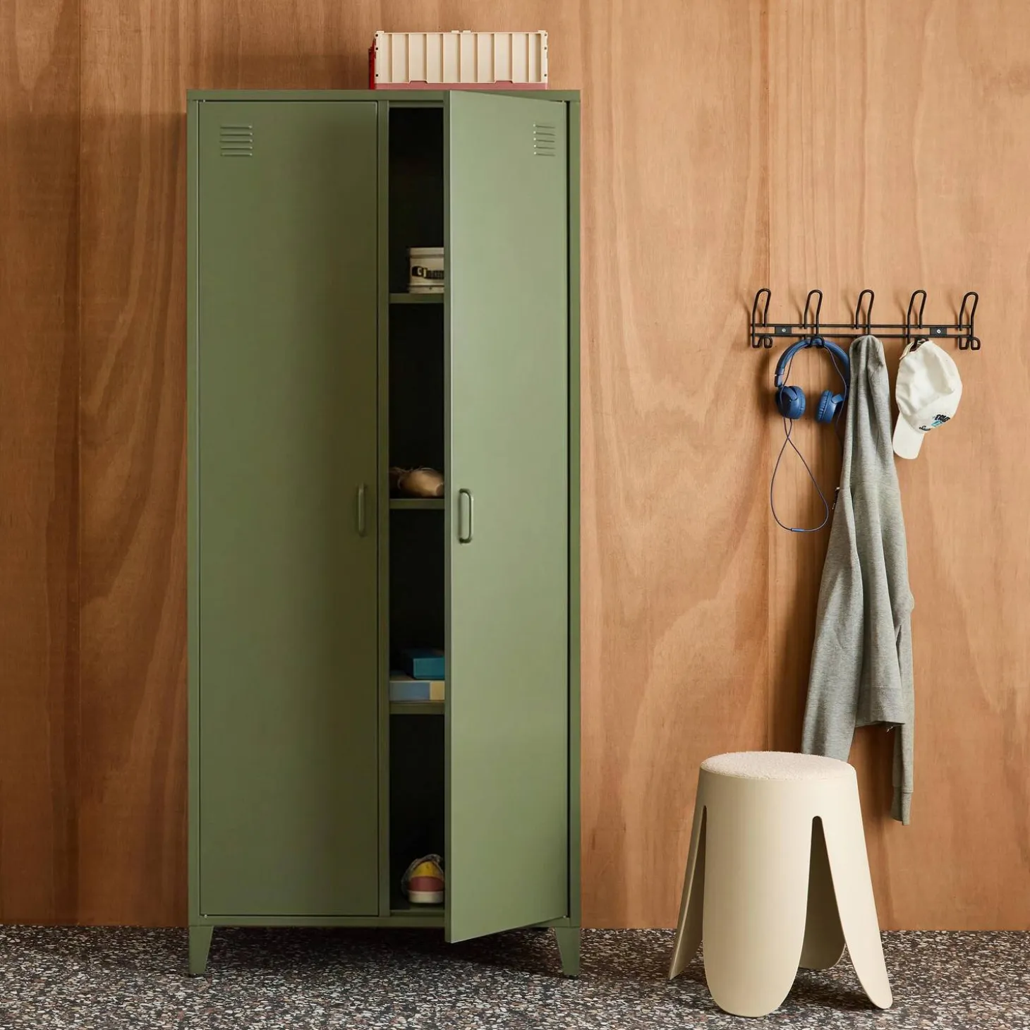 Industrial metal wardrobe for bedroom closet with 2 doors, 4 shelves, 1 hanging rail