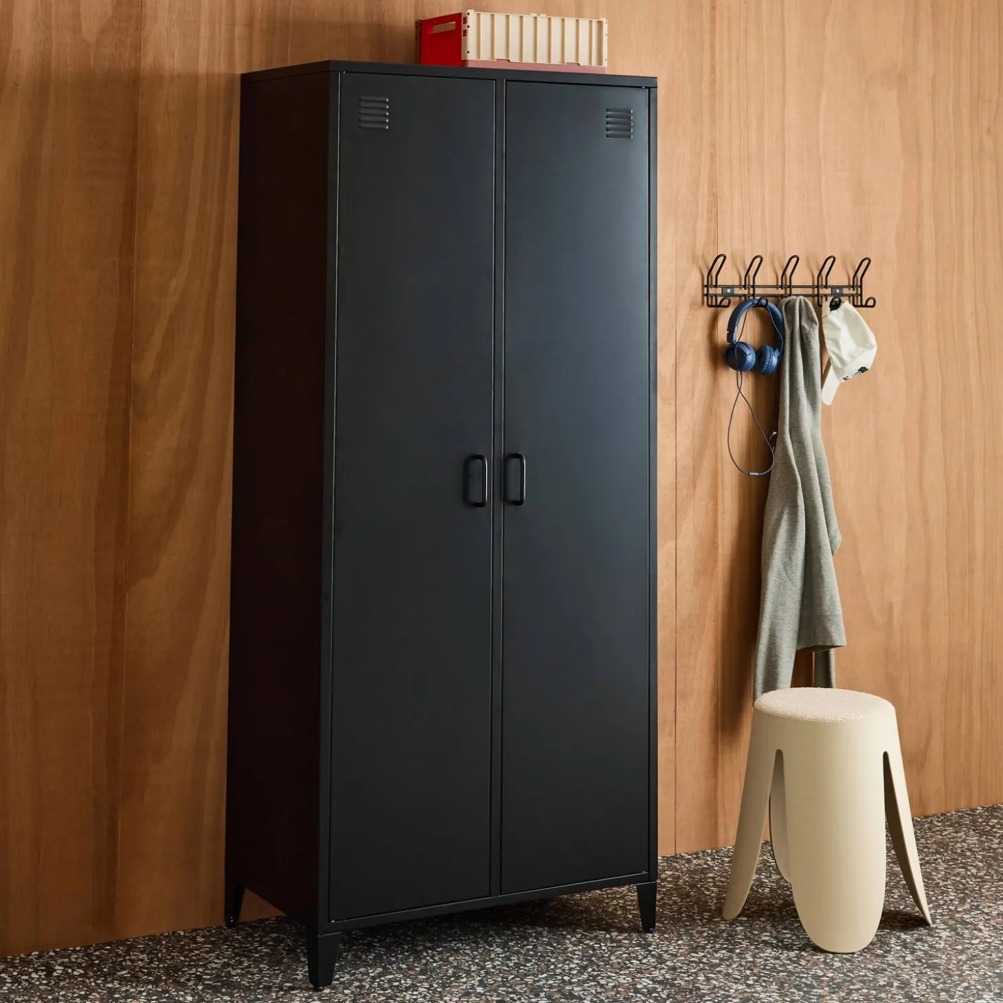 Industrial metal wardrobe for bedroom closet with 2 doors, 4 shelves, 1 hanging rail