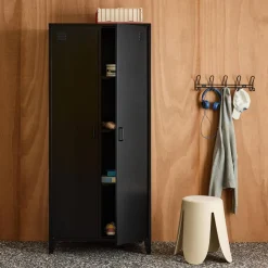 Industrial metal wardrobe for bedroom closet with 2 doors, 4 shelves, 1 hanging rail