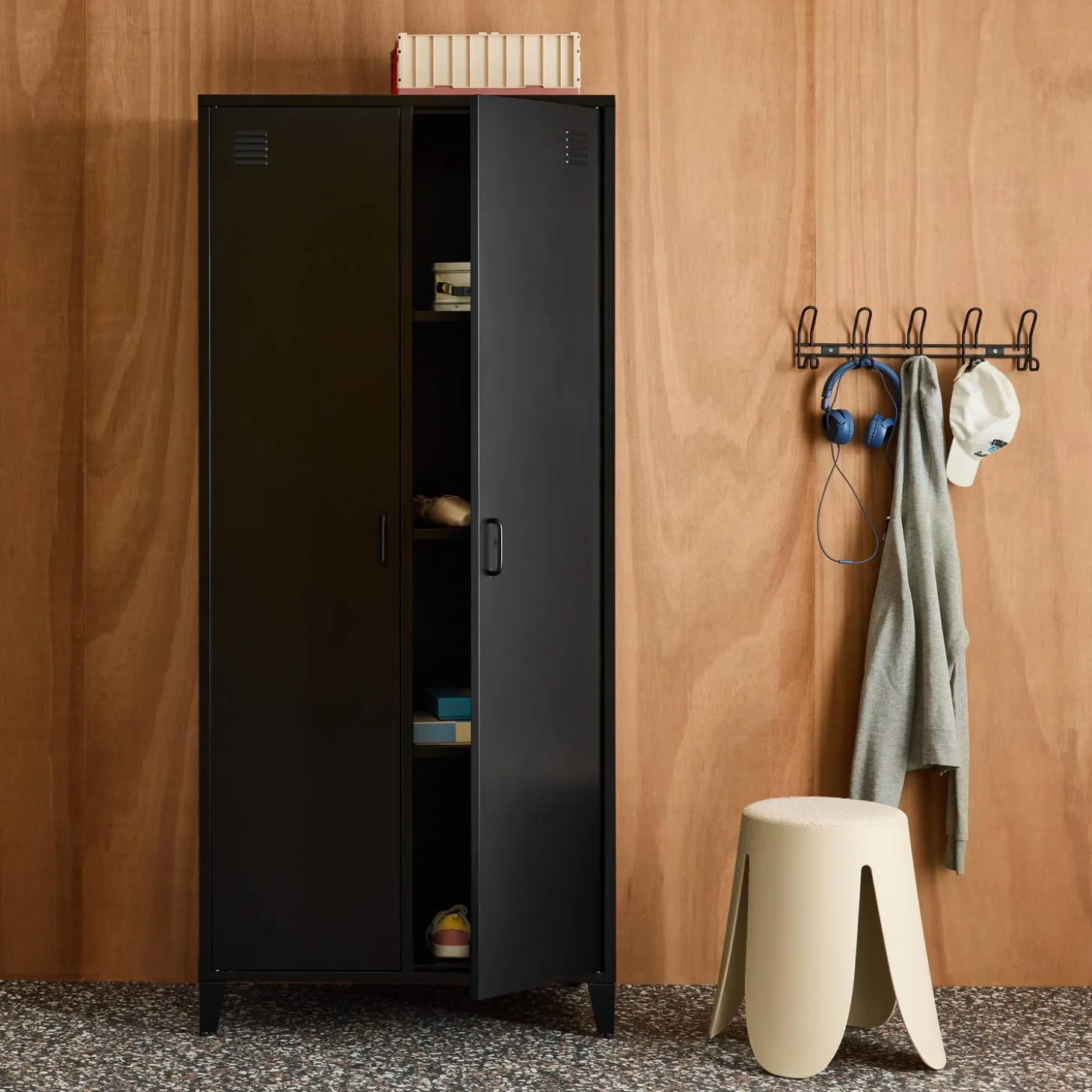 Industrial metal wardrobe for bedroom closet with 2 doors, 4 shelves, 1 hanging rail