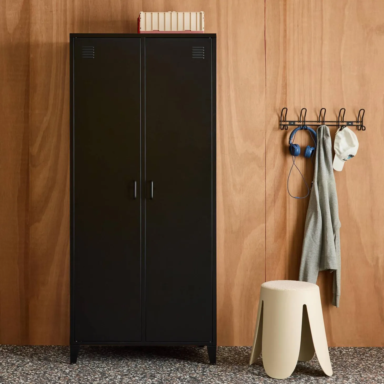 Industrial metal wardrobe for bedroom closet with 2 doors, 4 shelves, 1 hanging rail