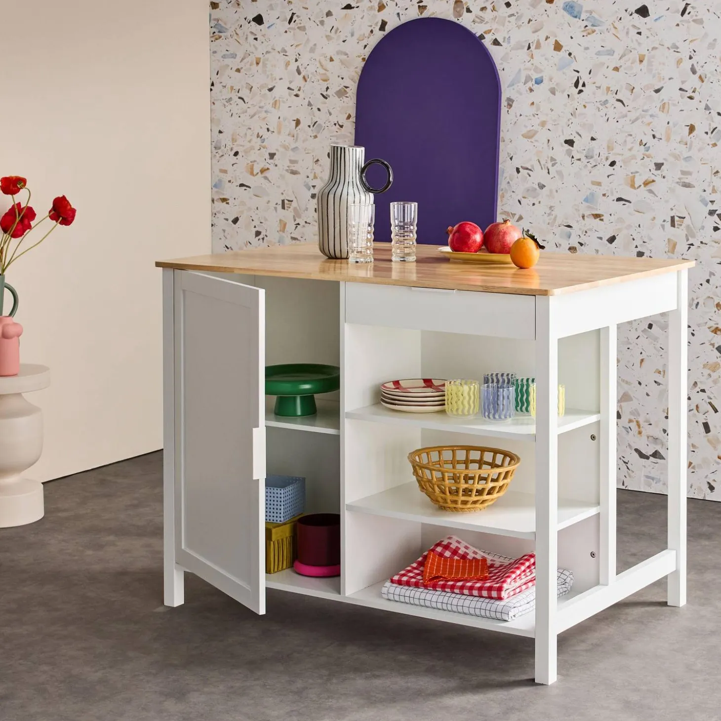 3-in-1 kitchen island, 5 shelves, 1 door, 1 drawer, 120cm