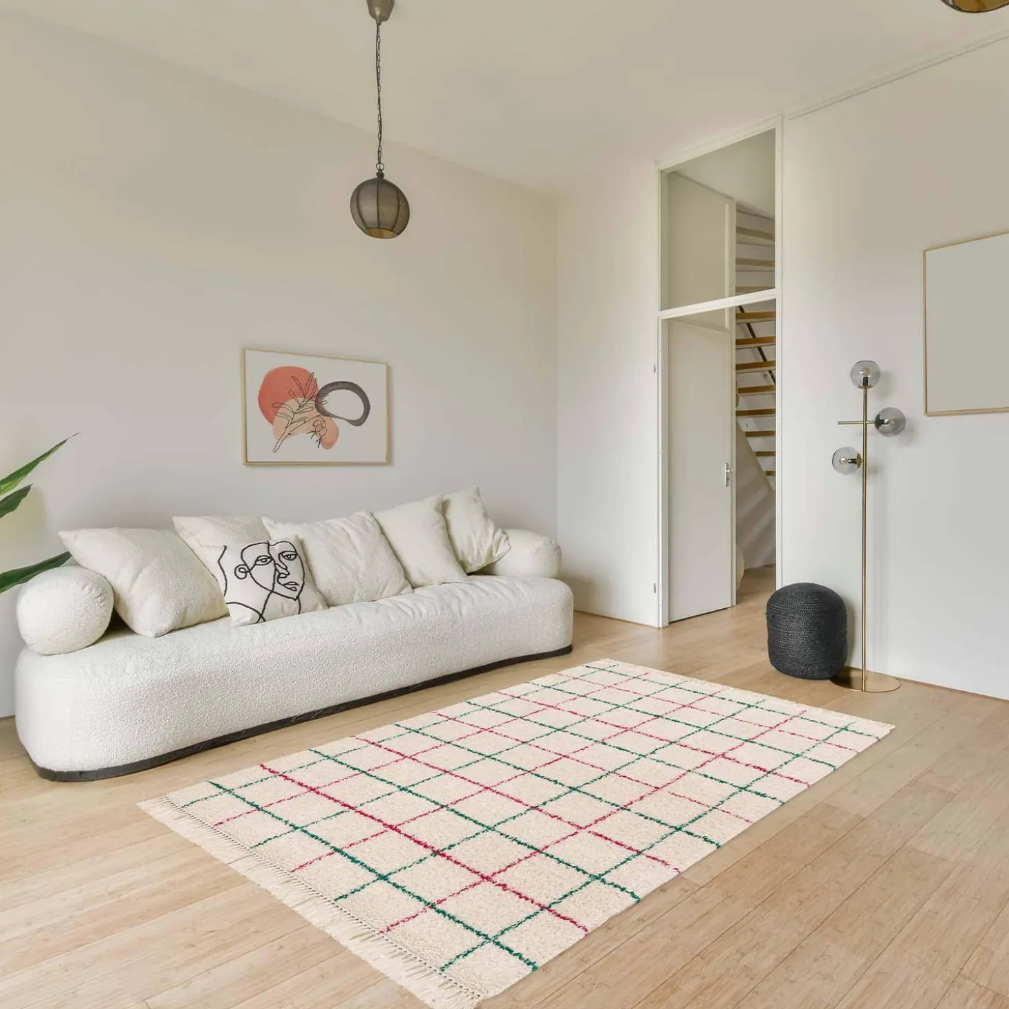 Interior rug shaggy multicoloured check pattern with fringes