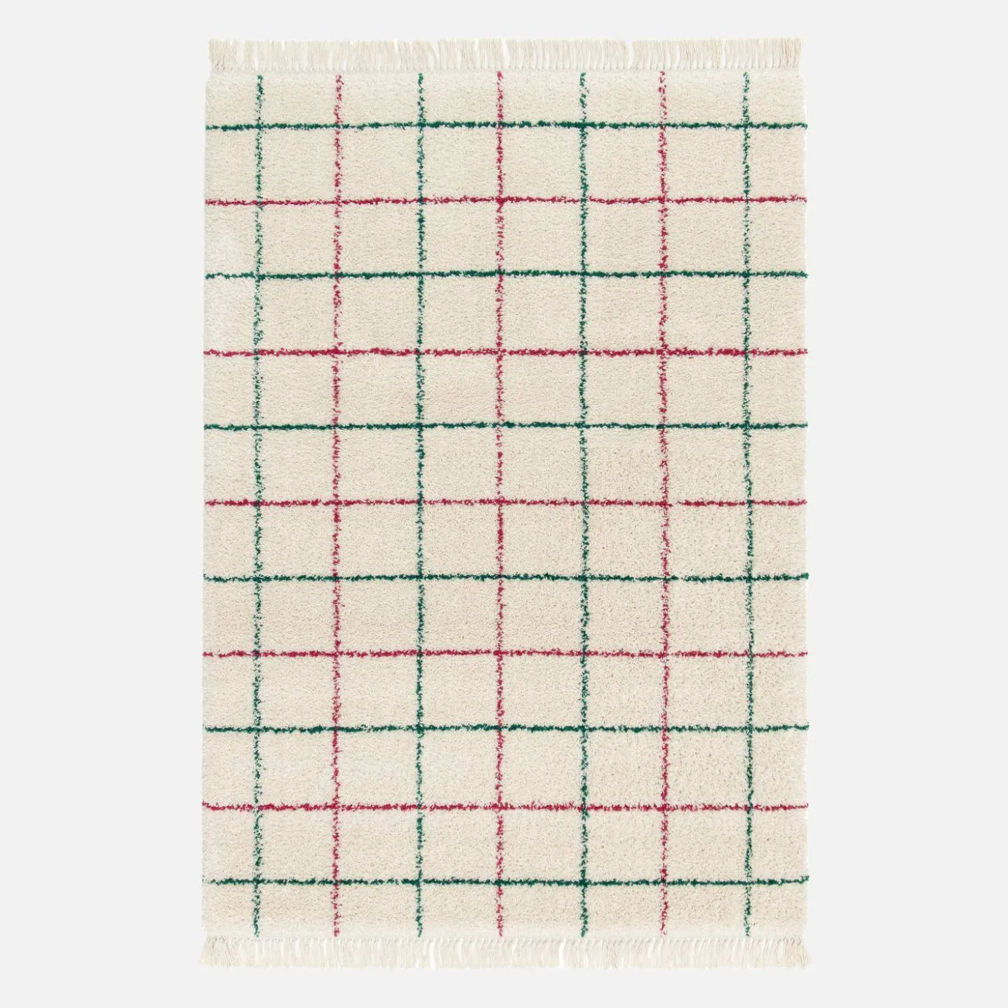 Interior rug shaggy multicoloured check pattern with fringes