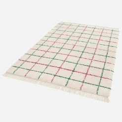 Interior rug shaggy multicoloured check pattern with fringes
