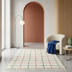 Interior rug shaggy multicoloured check pattern with fringes