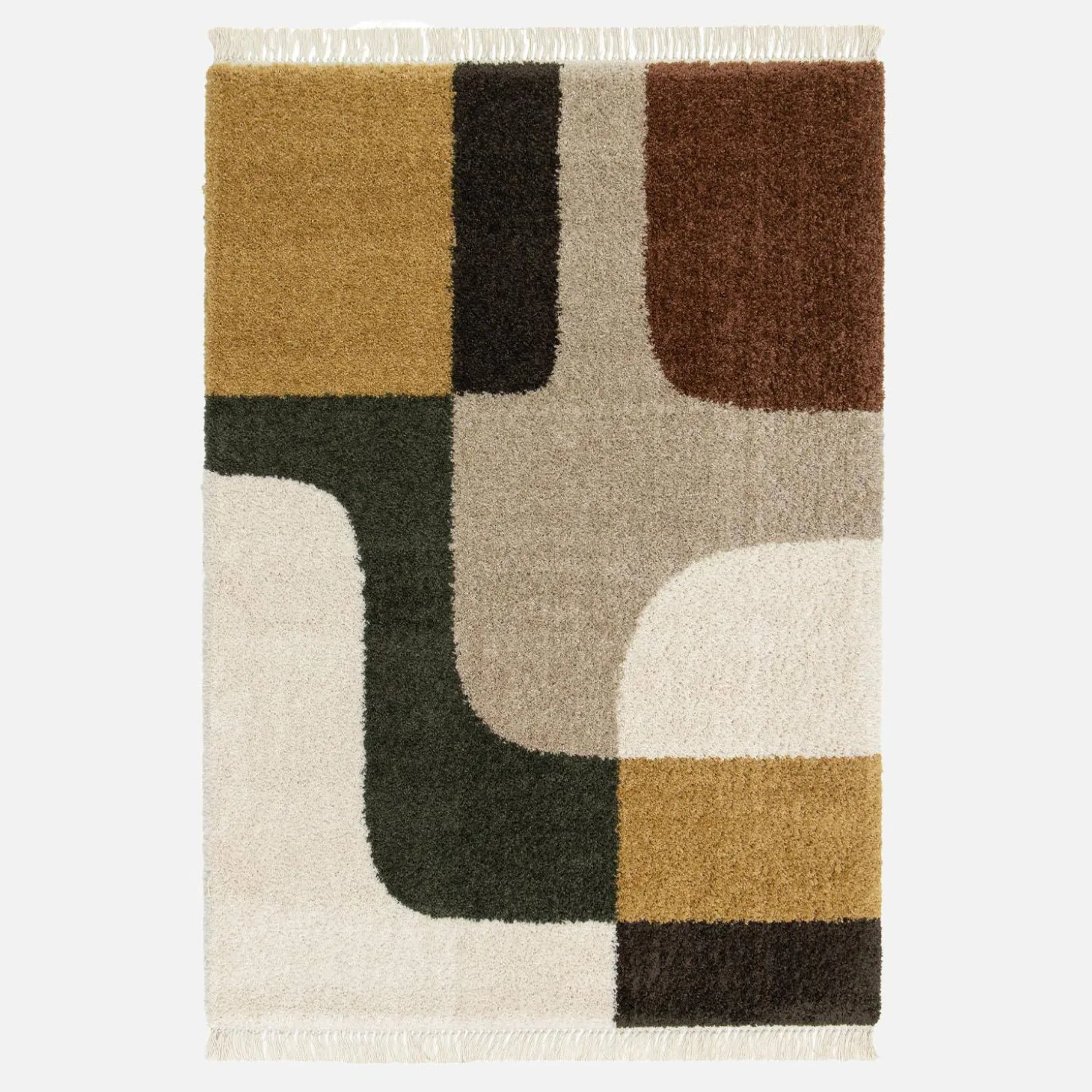 Interior rug shaggy with multicoloured geometric pattern and fringes