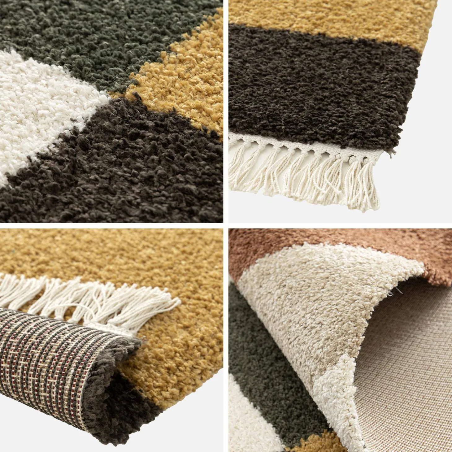 Interior rug shaggy with multicoloured geometric pattern and fringes