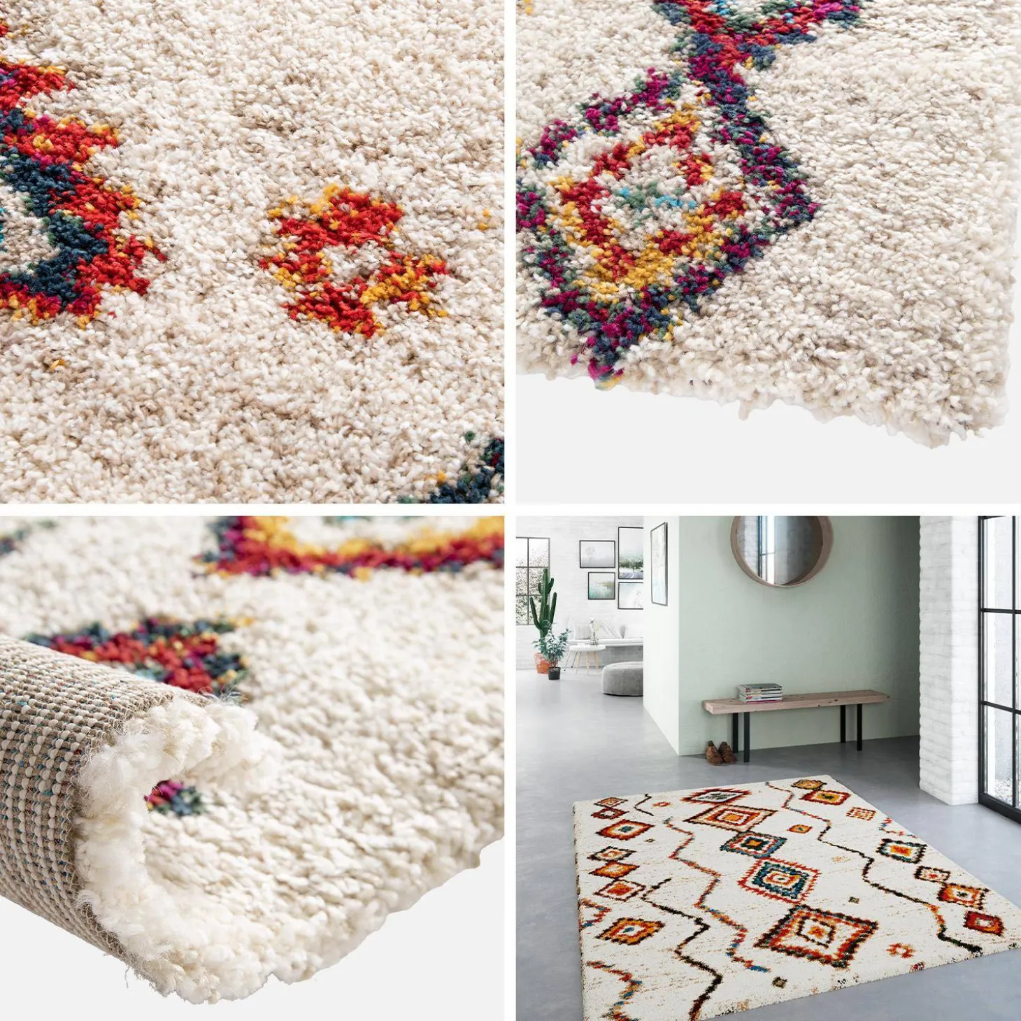 Interior shaggy rug, cream and multicoloured