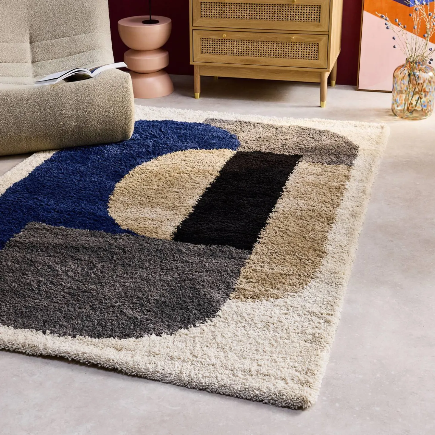 Interior shaggy rug with a geometric pattern