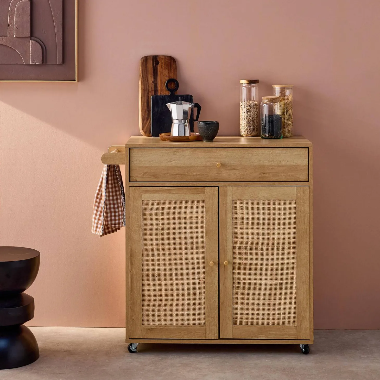 Kitchen sideboard wood decor and cane 1 handle 1 drawer 2 doors