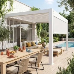 Lean to pergola with louvered roof in aluminium 4x3m + 4m blind Triomphe