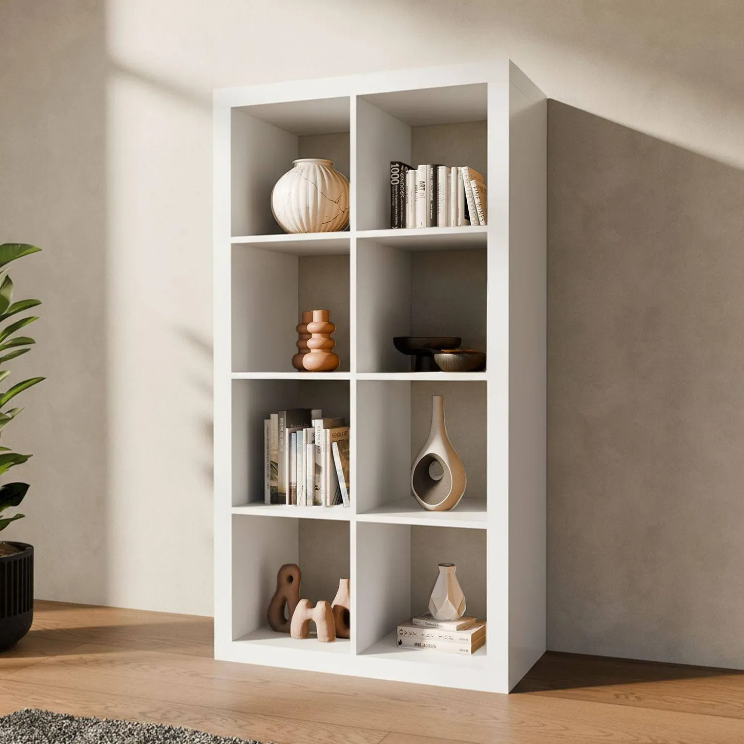 4-level bookshelf with 8 compartments