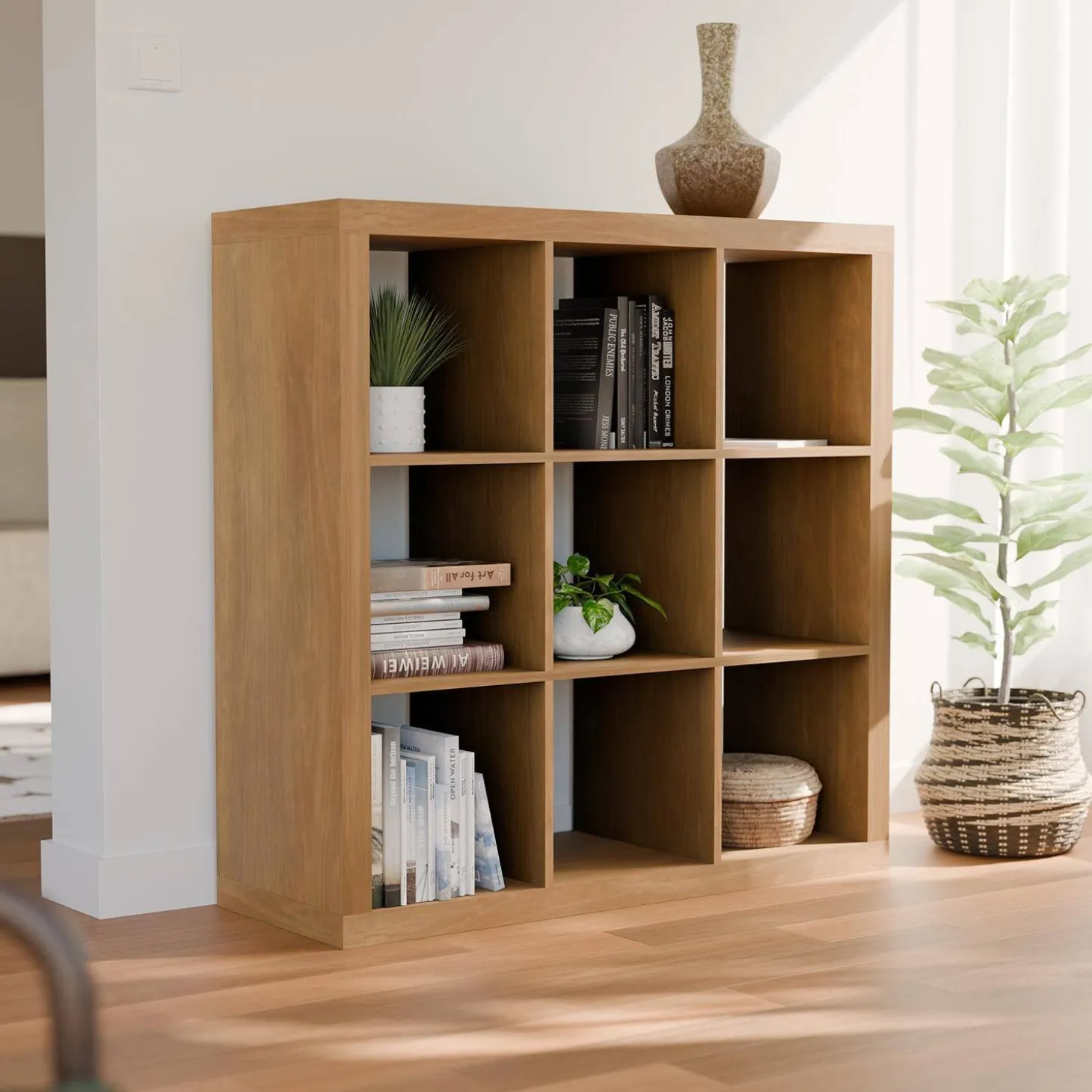 3-level cubic bookshelf with 9 compartments
