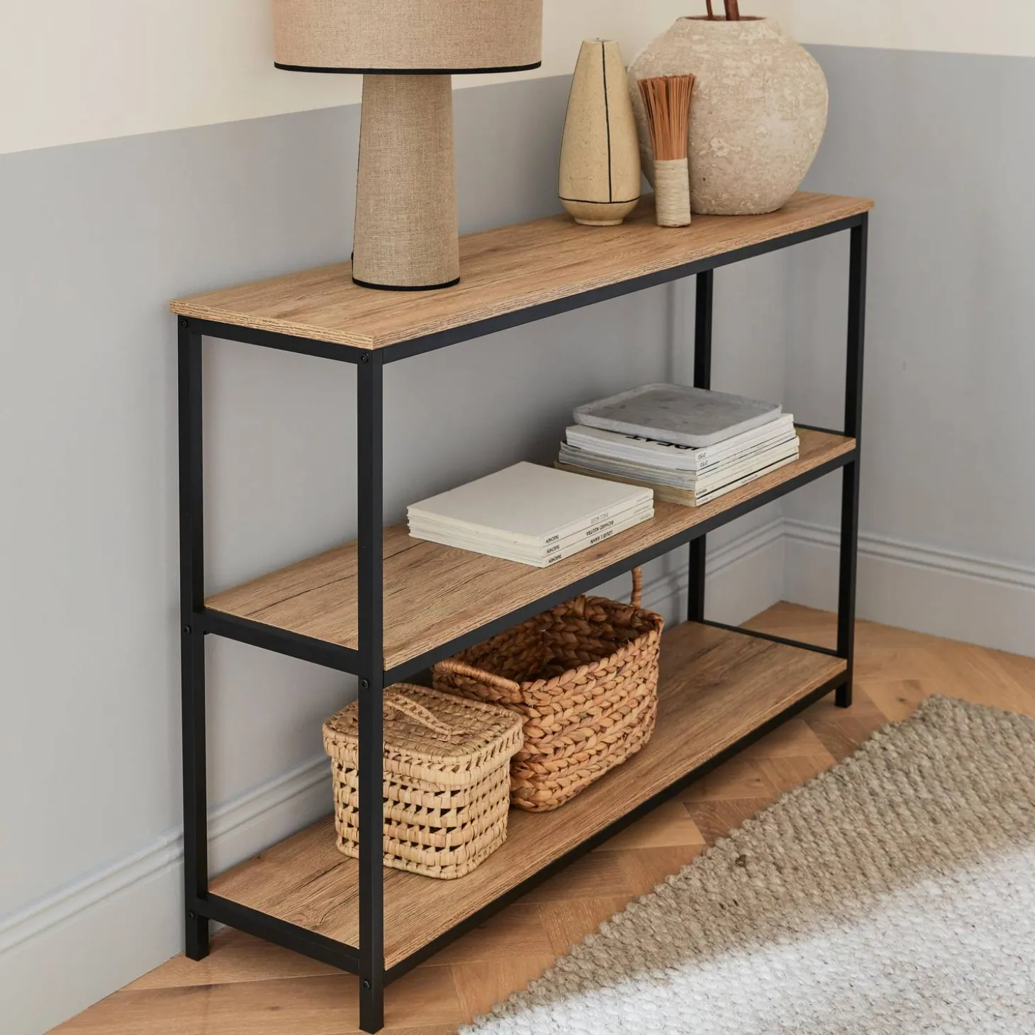 3-level industrial bookcase with wood and metal effect