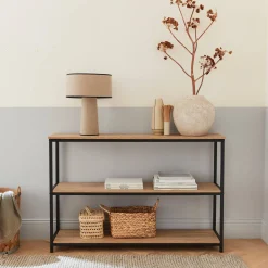 3-level industrial bookcase with wood and metal effect