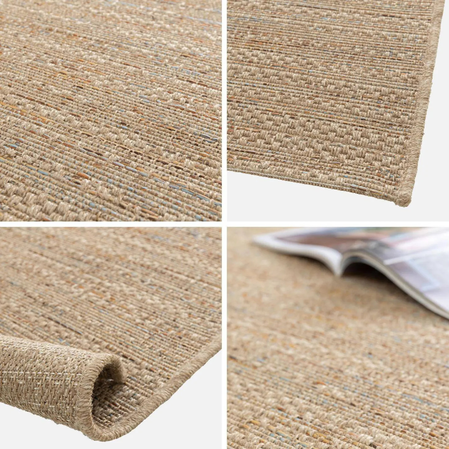 Light jute-effect interior/exterior carpet with coloured accents