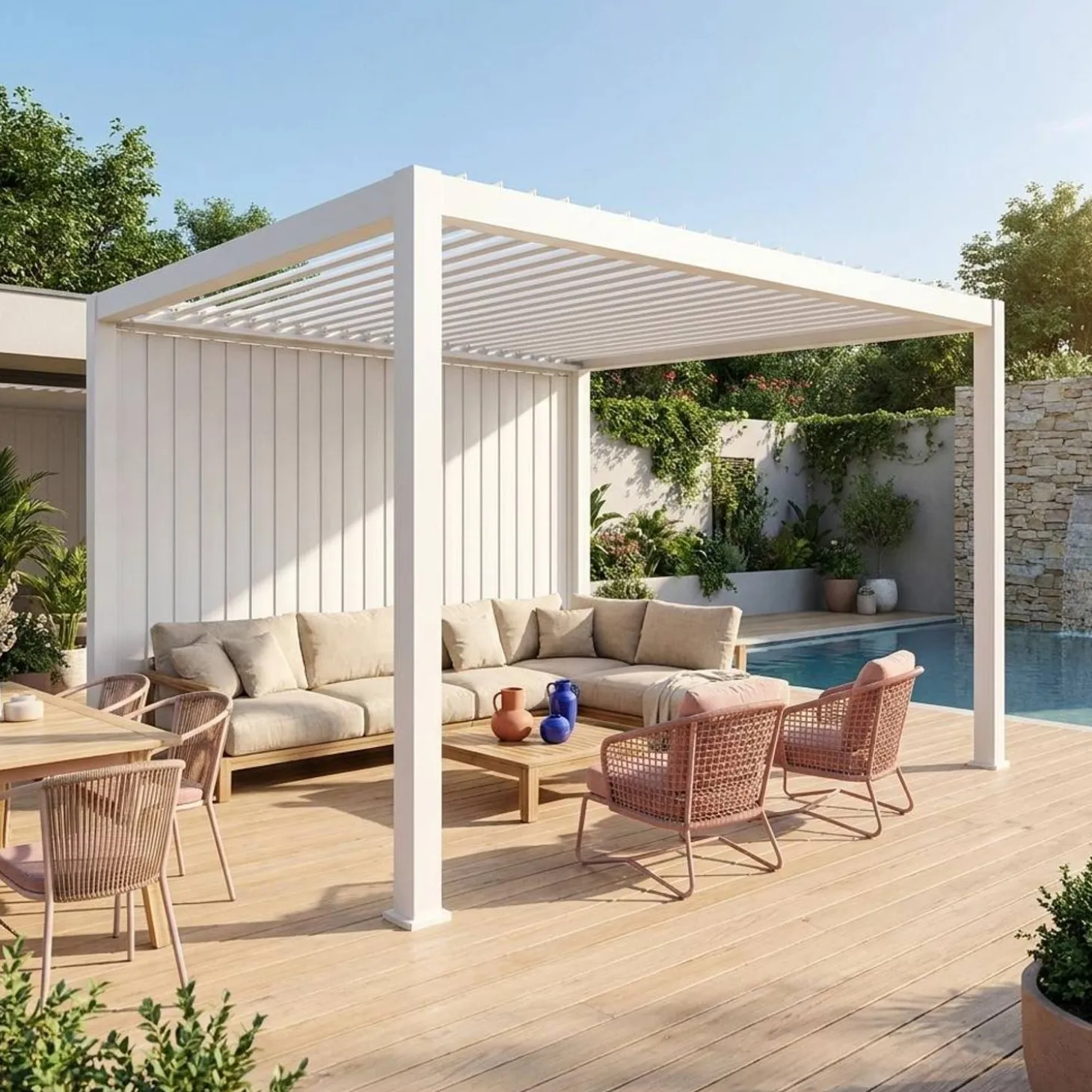 Louvered pergola 4x3m and 4m vertical adjustable louver panel