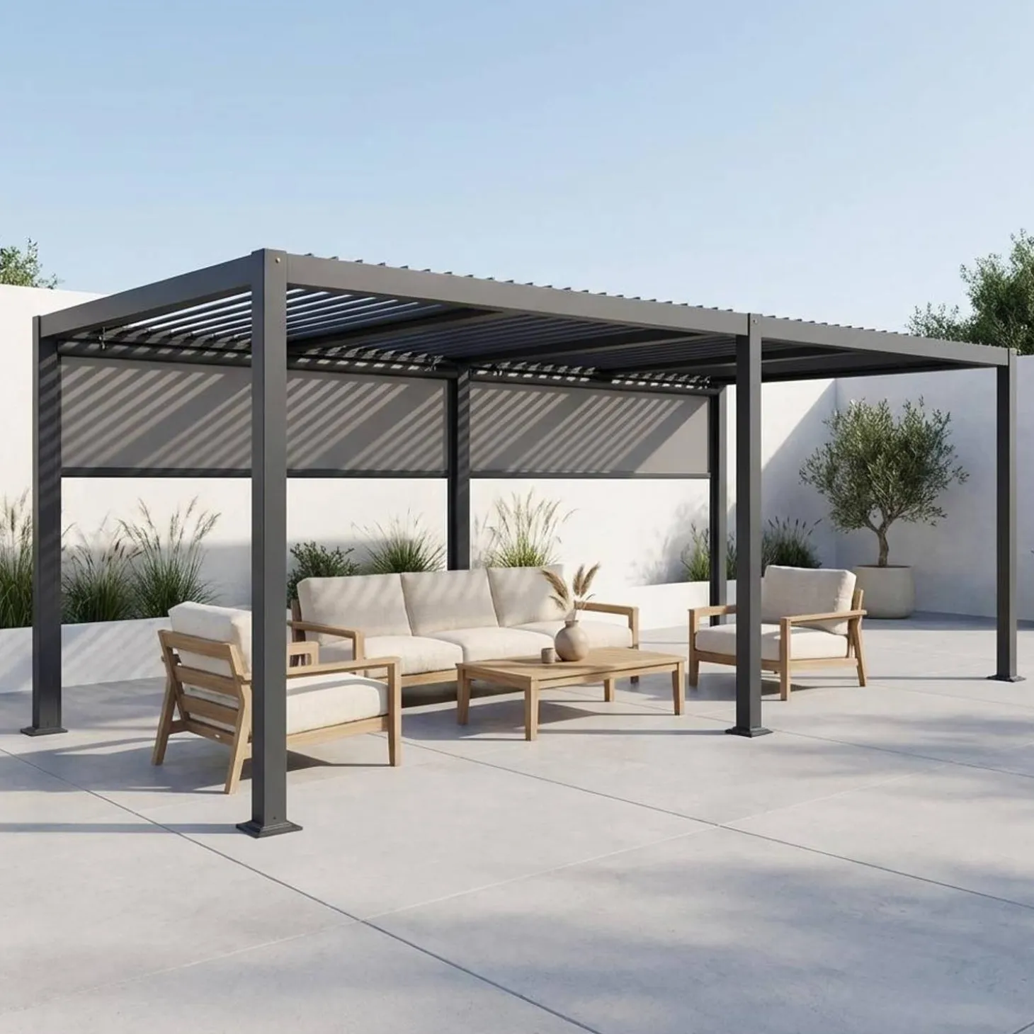 Louvered pergola 6 x 3m + 2 3m blinds