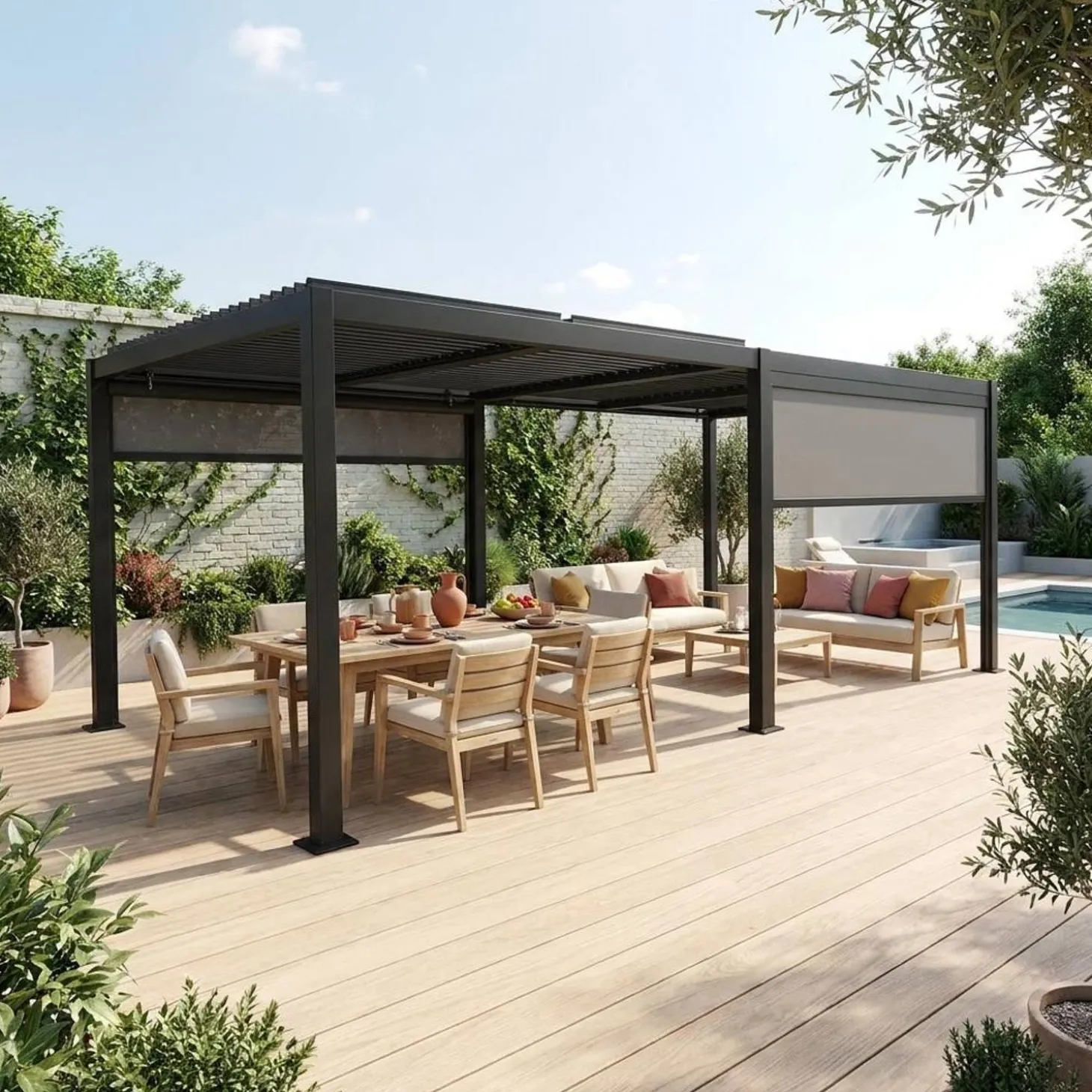 Louvered pergola 6 x 3m + 2 3m blinds