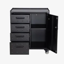 Low storage cabinet for garages with 4 drawers and a door