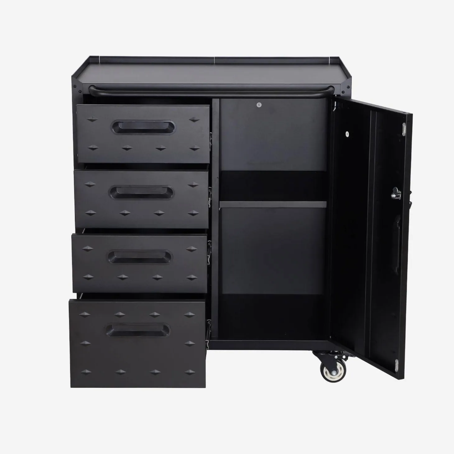 Low storage cabinet for garages with 4 drawers and a door