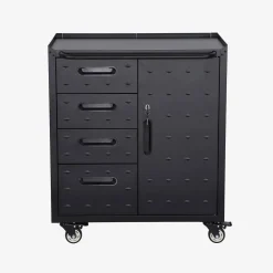 Low storage cabinet for garages with 4 drawers and a door