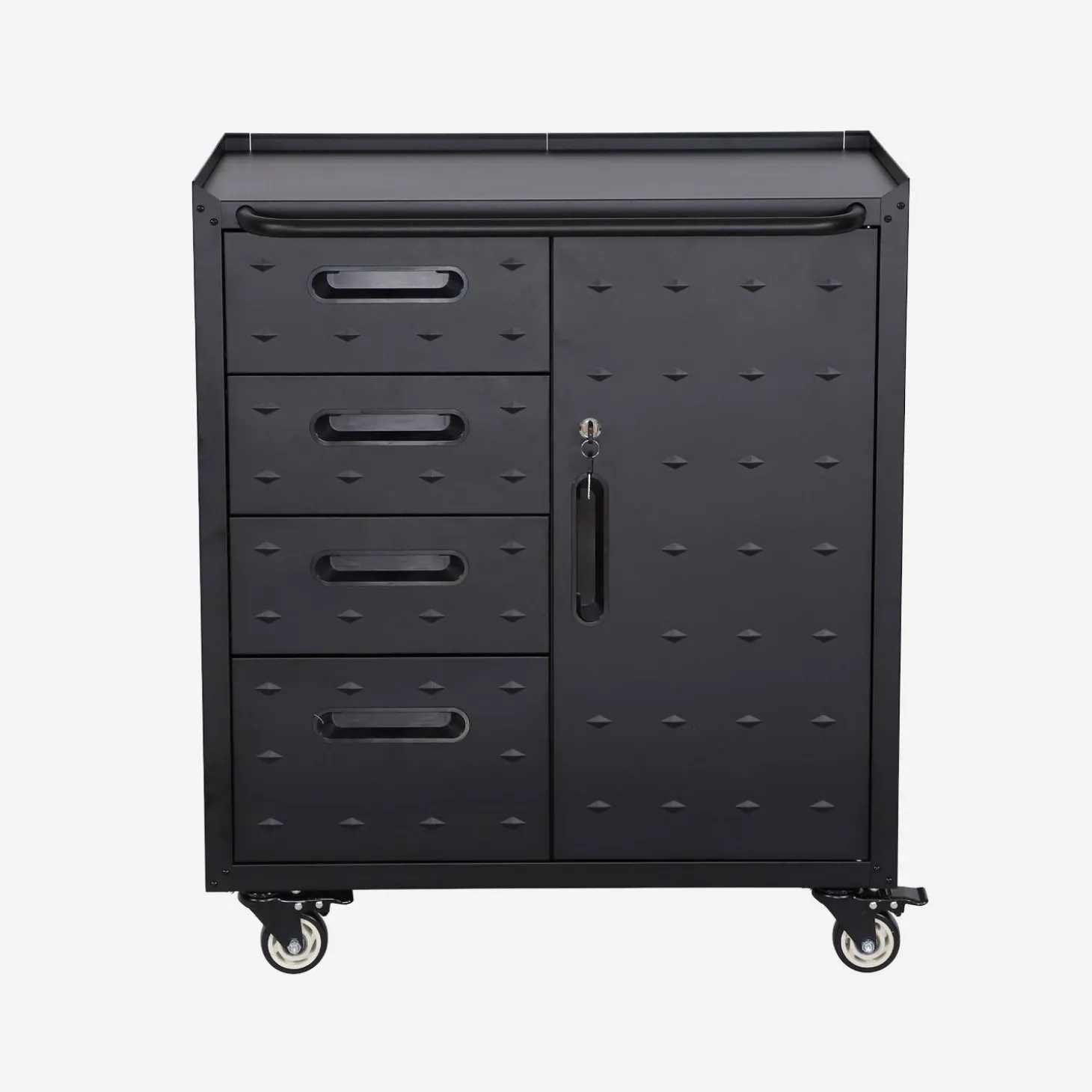 Low storage cabinet for garages with 4 drawers and a door