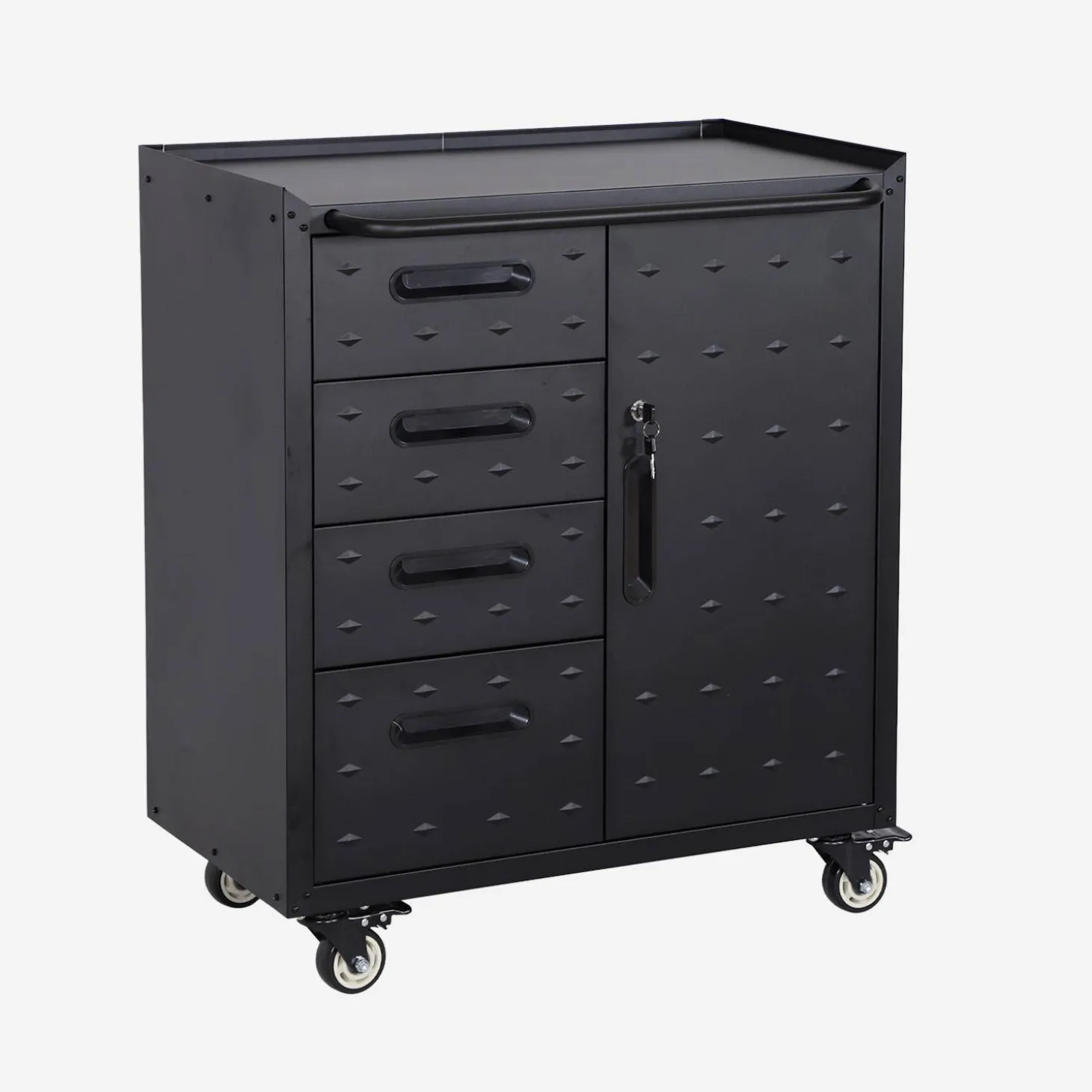 Low storage cabinet for garages with 4 drawers and a door