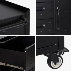 Low storage cabinet for garages with 4 drawers and a door