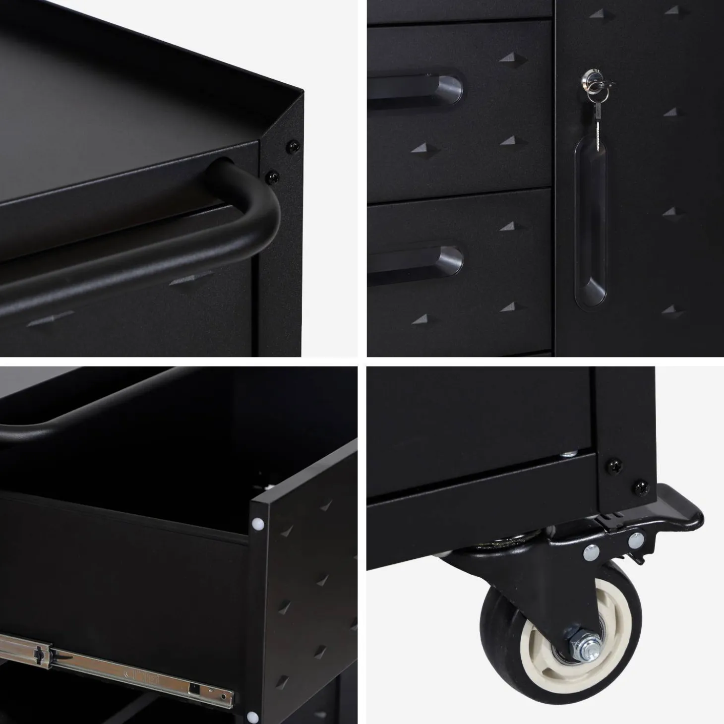 Low storage cabinet for garages with 4 drawers and a door