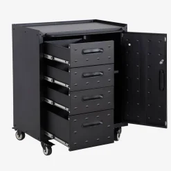 Low storage cabinet for garages with 4 drawers and a door