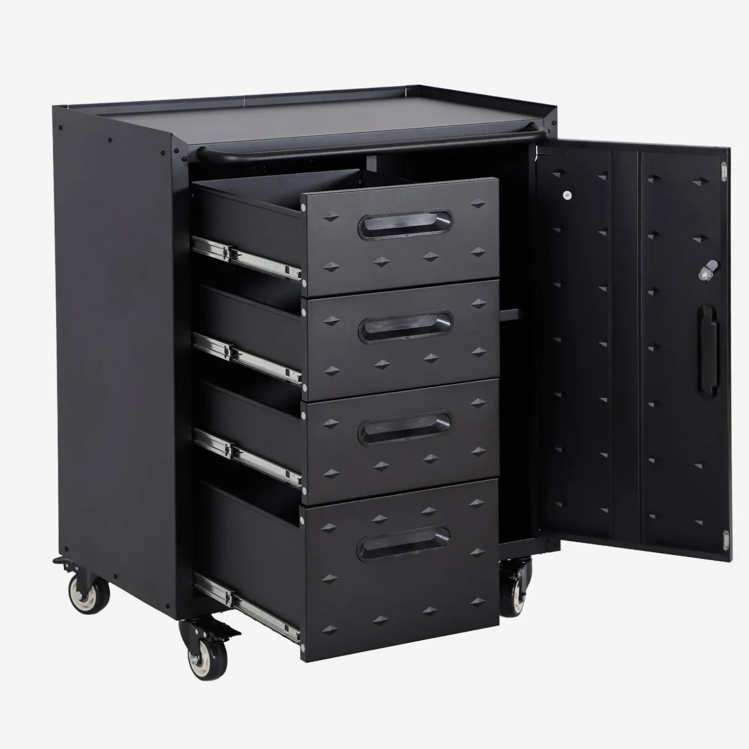 Low storage cabinet for garages with 4 drawers and a door