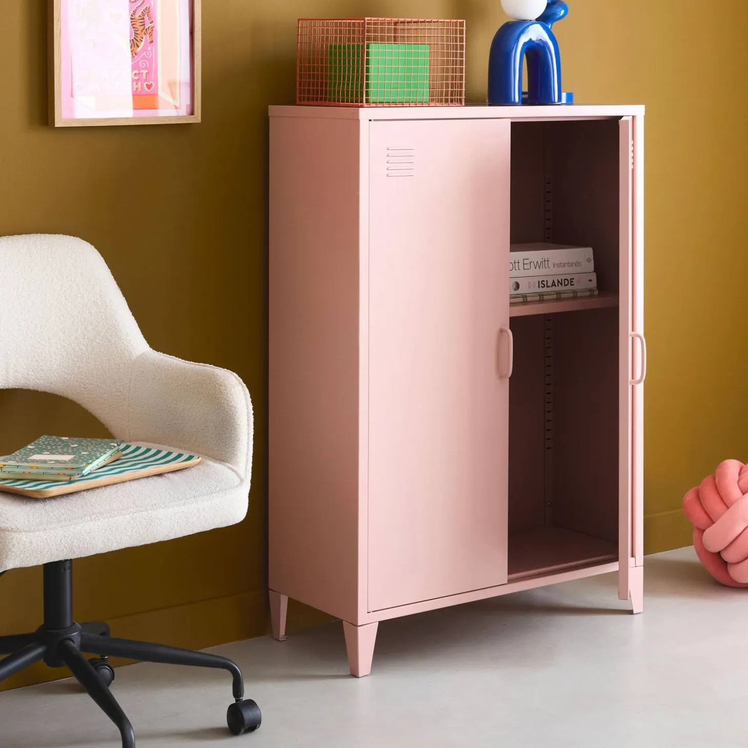 Metal sideboard cabinet with 2 storage compartments, industrial-style