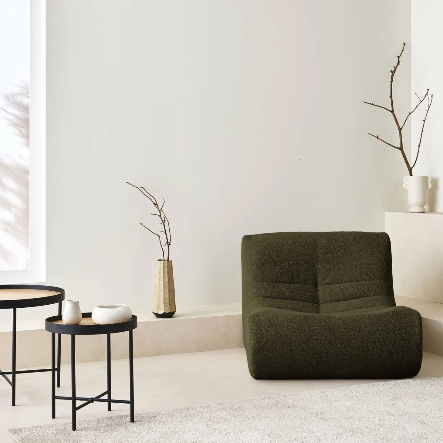 Modular scandinavian armchair in textured boucle fabric