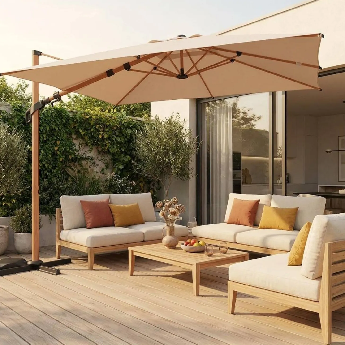 Offset square parasol 3x3m, wood effect pole