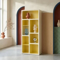 Organic bookshelf with two-tone wood decor 8 compartments