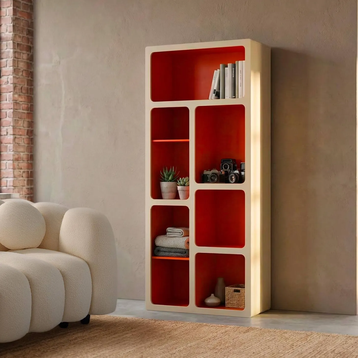 Organic bookshelf with two-tone wood decor 8 compartments