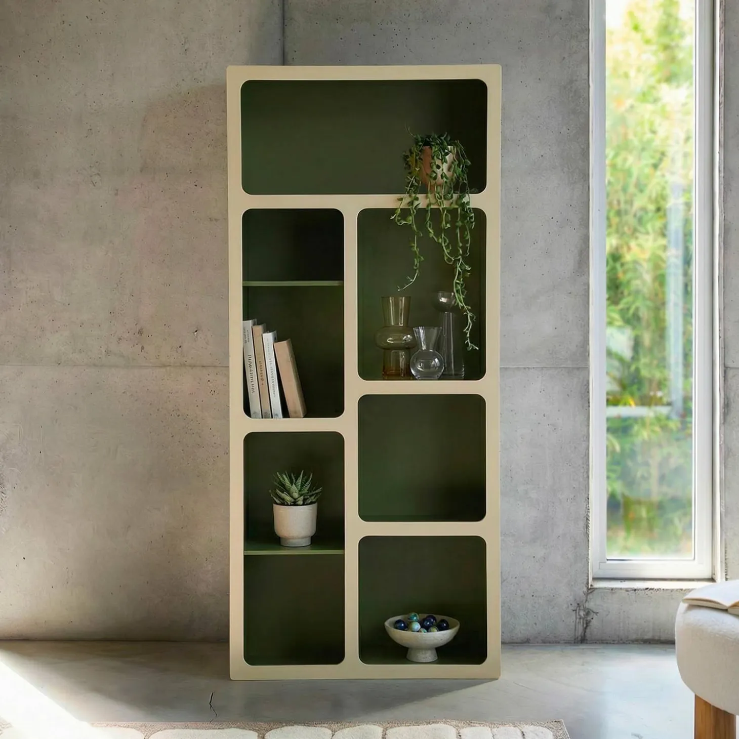 Organic bookshelf with two-tone wood decor 8 compartments