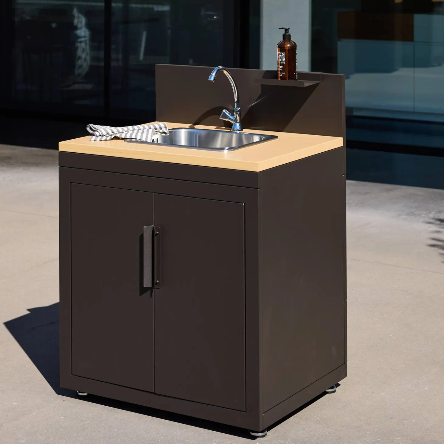 Outdoor kitchen steel and wood decor 1 sink 2 doors 1 hook L80cm