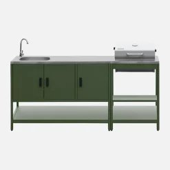 Outdoor kitchen with charcoal barbecue and 2 modules with sink
