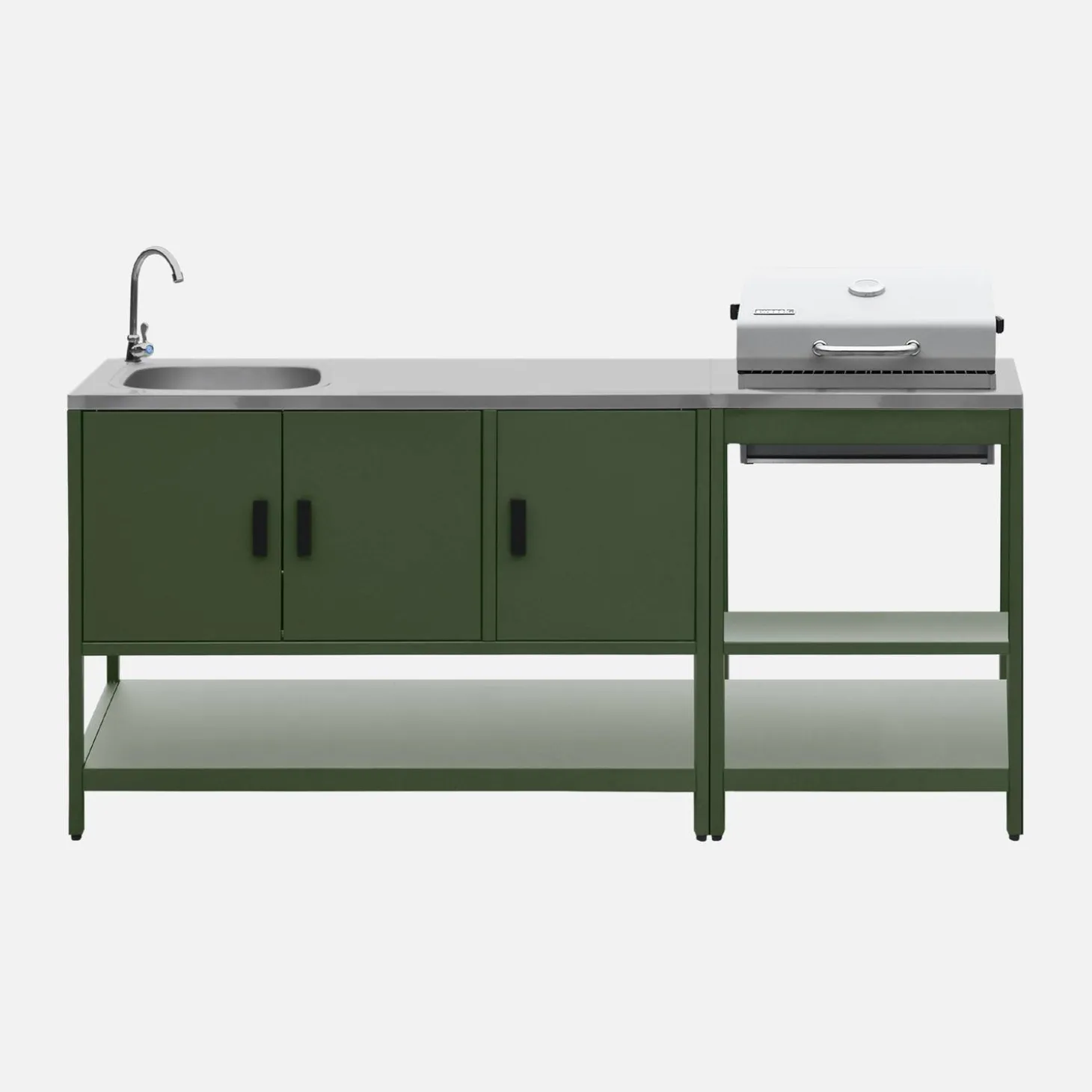 Outdoor kitchen with charcoal barbecue and 2 modules with sink