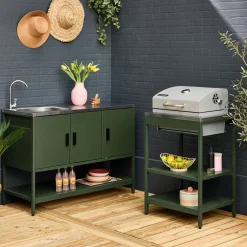 Outdoor kitchen with charcoal barbecue and 2 modules with sink