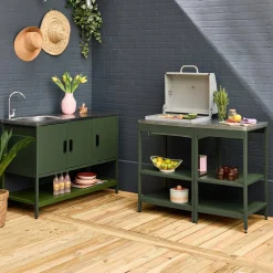 Outdoor kitchen with charcoal barbecue and 3 modules with sink
