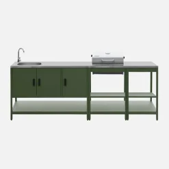 Outdoor kitchen with charcoal barbecue and 3 modules with sink