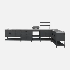 Outdoor kitchen with charcoal barbecue and 5 modules with sink