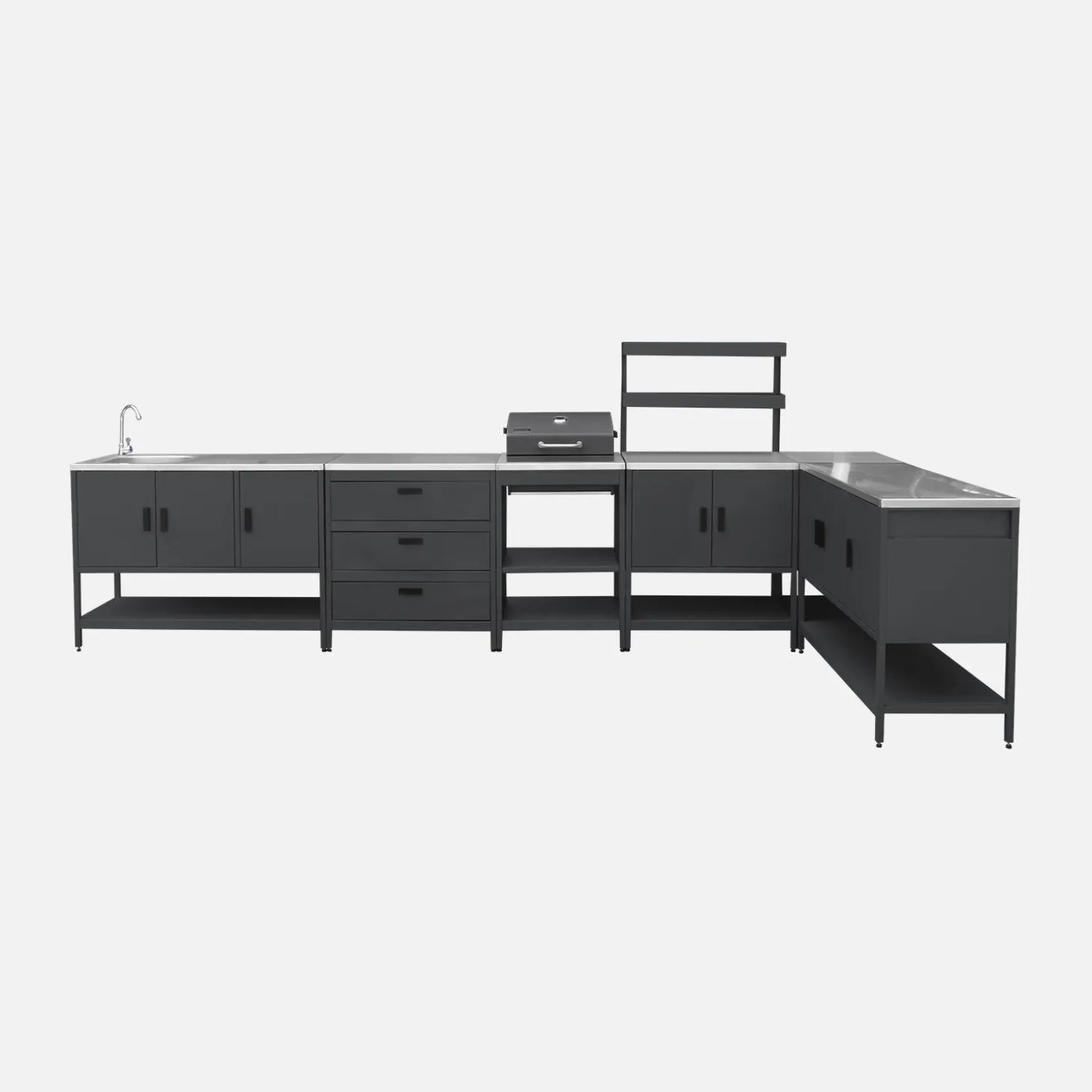 Outdoor kitchen with charcoal barbecue and 5 modules with sink