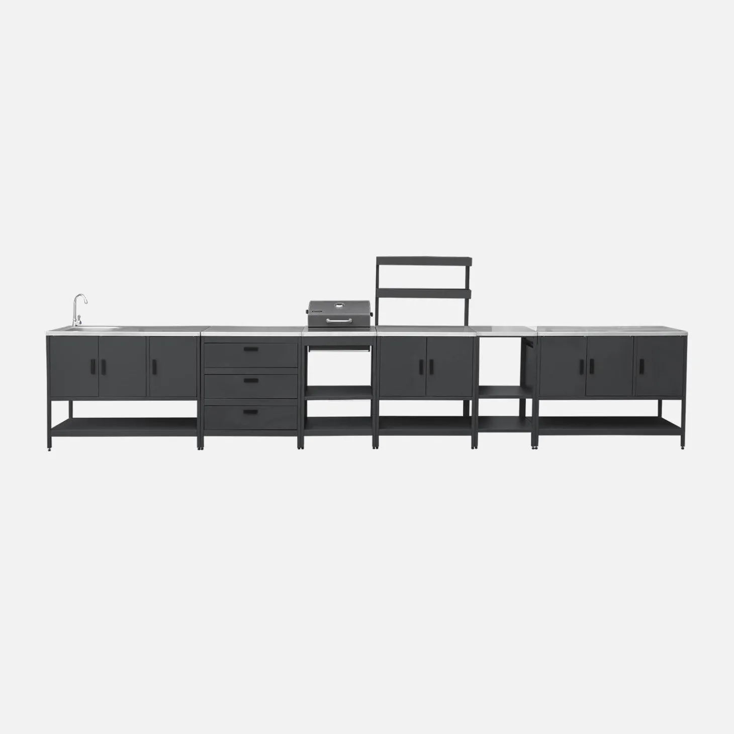 Outdoor kitchen with charcoal barbecue and 5 modules with sink