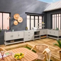 Outdoor kitchen with charcoal barbecue and 5 modules with sink